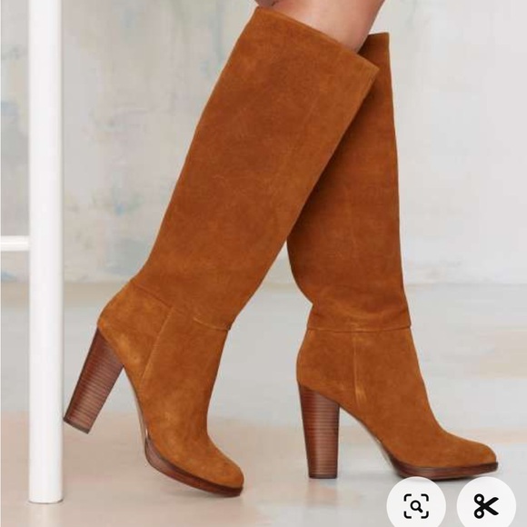 Cognac brown suede 70s-style couture knee-high boots, size 7 - Picture 2 of 6